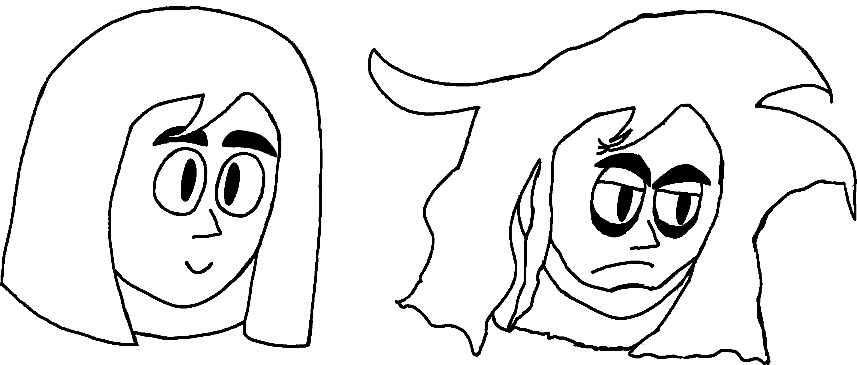 Concept art of the Nist, the first one having rounded long hair and a happy expression, the second having disheveled long hair and a tired expression